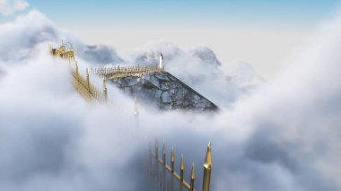 Cennete giden merdiven. Cennetin, cennet kapılarının önünde bir kadın duruyor. Dini bir kavram. 3d oluşturma