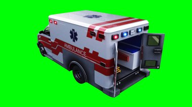 Ambulans yeşil ekran izole edildi. Gerçekçi yanıp sönen ışıklar. 3d oluşturma