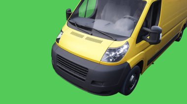 Sarı teslimat arabası hızlı gidiyor. Araba gövdesinde gerçekçi dinamik yansımalar. Yeşil ekran izole edildi. 3d oluşturma