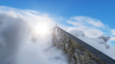 Cennete giden merdiven. Cennetin, cennet kapılarının önünde bir kadın duruyor. Dini bir kavram. 3d oluşturma