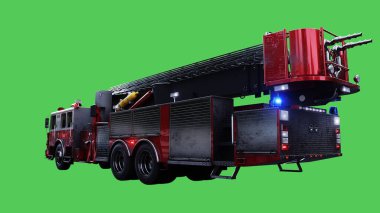 İtfaiye aracı hızlı gidiyor. Arabanın gövdesinde gerçekçi dinamik yansımalar var.