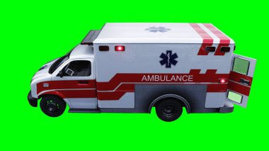 Ambulans yeşil ekran izole edildi. Gerçekçi yanıp sönen ışıklar. 3d oluşturma