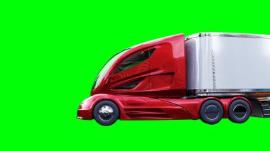 Elektrik fütüristik kırmızı kargo kamyonu hızlı gidiyor. Araba gövdesinde gerçekçi dinamik yansımalar. Yeşil ekran izole edildi. 3d oluşturma