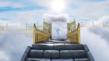 Cennete giden merdiven. Cennet, cennet kapıları. Dini bir kavram. 3d oluşturma