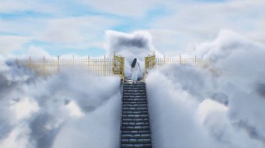 Cennete giden merdiven. Cennetin, cennet kapılarının önünde bir kadın duruyor. Dini bir kavram. 3d oluşturma