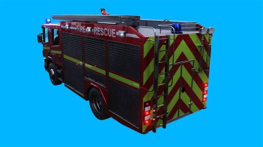 İtfaiye aracı hızlı gidiyor. Arabanın gövdesinde gerçekçi dinamik yansımalar var.