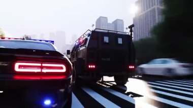 Şehir caddesinde hızlı giden bir polis. Gerçekçi 4k animasyonu