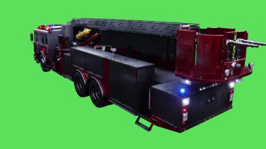 Amerikan itfaiye aracı hızlı gidiyor. Araba gövdesinde gerçekçi dinamik yansımalar. Gerçekçi yanıp sönen ışıklar. 4K yeşil ekran izole et