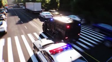 Şehir caddesinde hızlı giden bir polis. Gerçekçi 4k animasyonu