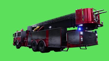 Amerikan itfaiye aracı hızlı gidiyor. Araba gövdesinde gerçekçi dinamik yansımalar. Gerçekçi yanıp sönen ışıklar. 4K yeşil ekran izole et