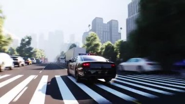 Şehir caddesinde hızlı giden bir polis. Gerçekçi 4k animasyonu