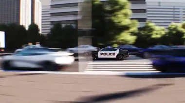 Şehir caddesinde hızlı giden bir polis. Gerçekçi 4k animasyonu