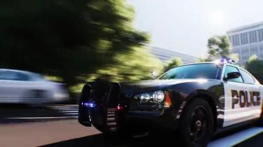Şehir caddesinde hızlı giden bir polis. Gerçekçi 4k animasyonu