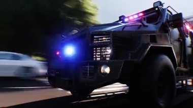 Şehir caddesinde hızlı giden bir polis. Gerçekçi 4k animasyonu