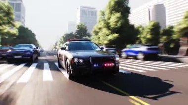 Şehir caddesinde hızlı giden bir polis. Gerçekçi 4k animasyonu