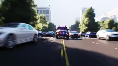 Şehir caddesinde hızlı giden bir polis. Gerçekçi 4k animasyonu