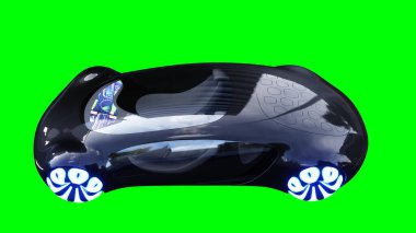 Geleceği parlak, hızlı giden siyah bir araba. Araba gövdesinde gerçekçi dinamik yansımalar. Yeşil ekran izole edildi. 3d oluşturma