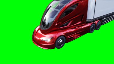 Elektrik fütüristik kırmızı kargo kamyonu hızlı gidiyor. Araba gövdesinde gerçekçi dinamik yansımalar. Yeşil ekran izole edildi. 3d oluşturma