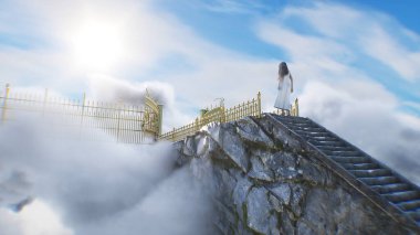 Cennete giden merdiven. Cennetin, cennet kapılarının önünde bir kadın duruyor. Dini bir kavram. 3d oluşturma