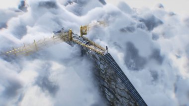 Cennete giden merdiven. Cennetin, cennet kapılarının önünde bir kadın duruyor. Dini bir kavram. 3d oluşturma