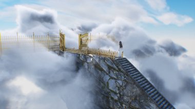 Cennete giden merdiven. Cennetin, cennet kapılarının önünde bir kadın duruyor. Dini bir kavram. 3d oluşturma