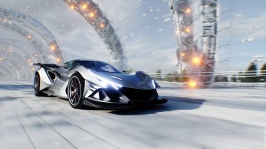 Gelecekçi bir gri spor araba, fütüristik bir caddede hızlı sürüyor. Gelecek kavramı. 3d oluşturma