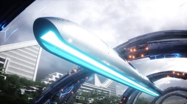 Gelecekçi şehir. Uçan yolcu treni. Gelecekçi mimari. İnsanlar ve robotlar. 3d oluşturma