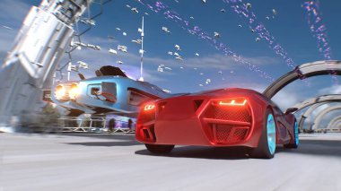Futuristik kırmızı spor araba ve hızlı uçan araba, gelecekçi bir caddede birbirini solluyor. Takipte. Gelecek kavramı. 3d oluşturma