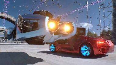 Futuristik kırmızı spor araba ve hızlı uçan araba, gelecekçi bir caddede birbirini solluyor. Takipte. Gelecek kavramı. 3d oluşturma