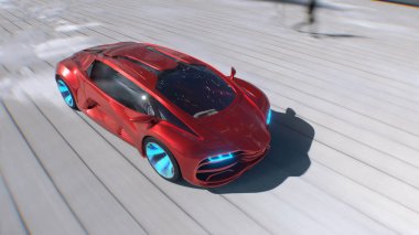 Fütüristik bir caddede hızlı giden kırmızı bir spor araba. Gelecek kavramı. 3d oluşturma