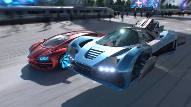 Futuristik kırmızı spor araba ve hızlı uçan araba, gelecekçi bir caddede birbirini solluyor. Takipte. Gelecek kavramı. 3d oluşturma