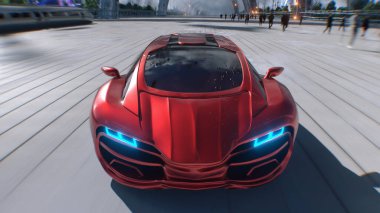 Fütüristik bir caddede hızlı giden kırmızı bir spor araba. Gelecek kavramı. 3d oluşturma