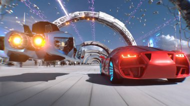 Futuristik kırmızı spor araba ve hızlı uçan araba, gelecekçi bir caddede birbirini solluyor. Takipte. Gelecek kavramı. 3d oluşturma