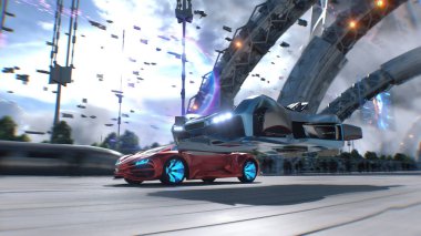 Futuristik kırmızı spor araba ve hızlı uçan araba, gelecekçi bir caddede birbirini solluyor. Takipte. Gelecek kavramı. 3d oluşturma