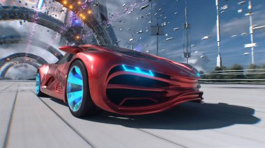 Fütüristik bir caddede hızlı giden kırmızı bir spor araba. Gelecek kavramı. 3d oluşturma