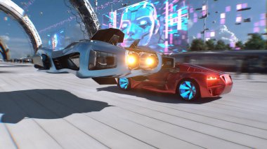 Futuristik kırmızı spor araba ve hızlı uçan araba, gelecekçi bir caddede birbirini solluyor. Takipte. Gelecek kavramı. 3d oluşturma