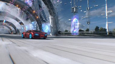 Fütüristik bir caddede hızlı giden kırmızı bir spor araba. Gelecek kavramı. 3d oluşturma