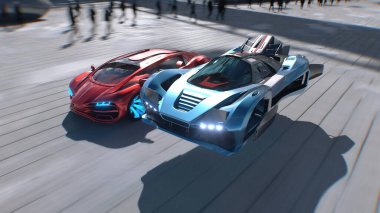 Futuristik kırmızı spor araba ve hızlı uçan araba, gelecekçi bir caddede birbirini solluyor. Takipte. Gelecek kavramı. 3d oluşturma
