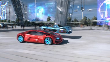 Futuristik kırmızı spor araba ve hızlı uçan araba, gelecekçi bir caddede birbirini solluyor. Takipte. Gelecek kavramı. 3d oluşturma