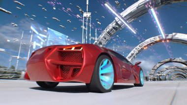 Fütüristik bir caddede hızlı giden kırmızı bir spor araba. Gelecek kavramı. 3d oluşturma