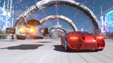 Futuristik kırmızı spor araba ve hızlı uçan araba, gelecekçi bir caddede birbirini solluyor. Takipte. Gelecek kavramı. 3d oluşturma