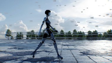 Yürüyen bir robot ve geleceği parlak bir şehir. Bilim kurgu mimarisi ve binalar. Gelecek konsepti. Havada uçan arabalar. 3d oluşturma