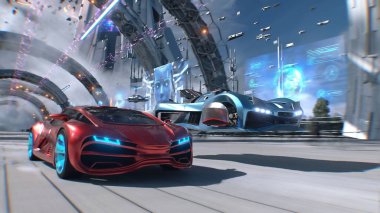 Futuristik kırmızı spor araba ve hızlı uçan araba, gelecekçi bir caddede birbirini solluyor. Takipte. Gelecek kavramı. 3d oluşturma