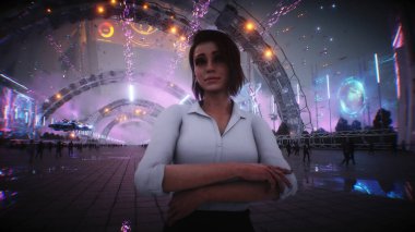 Bir kadın ve gelecekçi bir şehir. Bilim kurgu mimarisi ve binalar. Gelecek konsepti. Havada uçan arabalar. 3d oluşturma