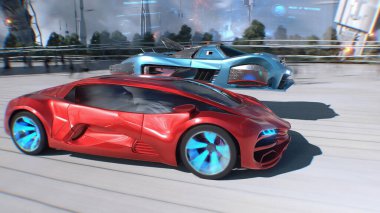 Futuristik kırmızı spor araba ve hızlı uçan araba, gelecekçi bir caddede birbirini solluyor. Takipte. Gelecek kavramı. 3d oluşturma