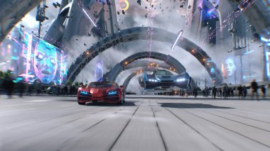 Futuristik kırmızı spor araba ve hızlı uçan araba, gelecekçi bir caddede birbirini solluyor. Takipte. Gelecek kavramı. 3d oluşturma
