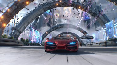 Fütüristik bir caddede hızlı giden kırmızı bir spor araba. Gelecek kavramı. 3d oluşturma