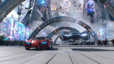 Futuristik kırmızı spor araba ve hızlı uçan araba, gelecekçi bir caddede birbirini solluyor. Takipte. Gelecek kavramı. 3d oluşturma