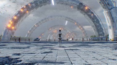 Yürüyen bir robot ve geleceği parlak bir şehir. Bilim kurgu mimarisi ve binalar. Gelecek konsepti. Havada uçan arabalar. 3d oluşturma