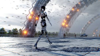 Yürüyen bir robot ve geleceği parlak bir şehir. Bilim kurgu mimarisi ve binalar. Gelecek konsepti. Havada uçan arabalar. 3d oluşturma